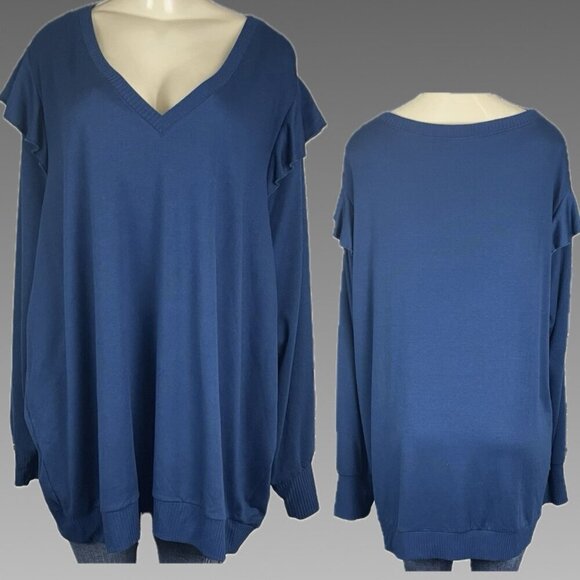 Torrid Tops - Torrid +5 Teal Blue V-Neck Ruffle Accent Ribbed Trim Banded Hem Long Sleeve Top